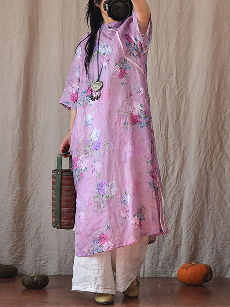 Women Vintage Summer Floral Ramie Robe Dress CO1022 Ada Fashion