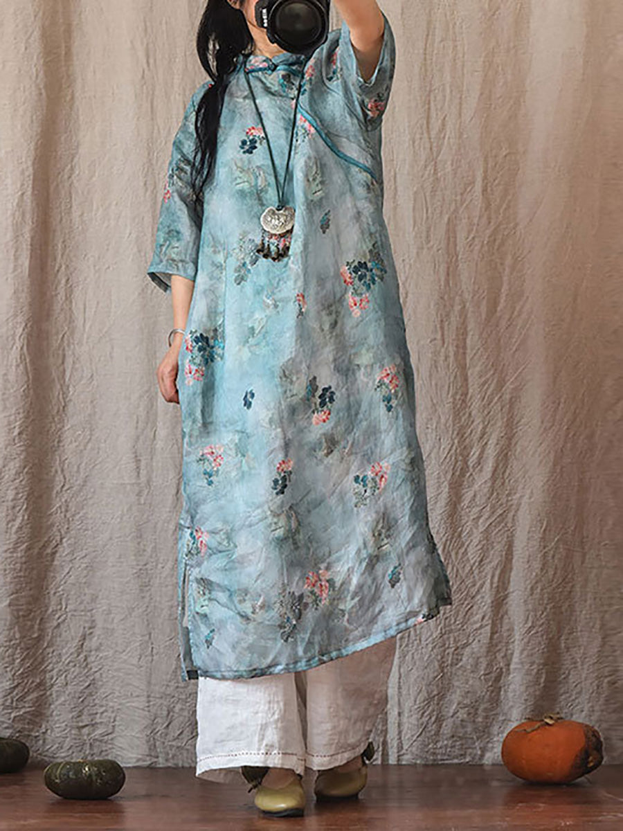 Women Vintage Summer Floral Ramie Robe Dress CO1022 Ada Fashion