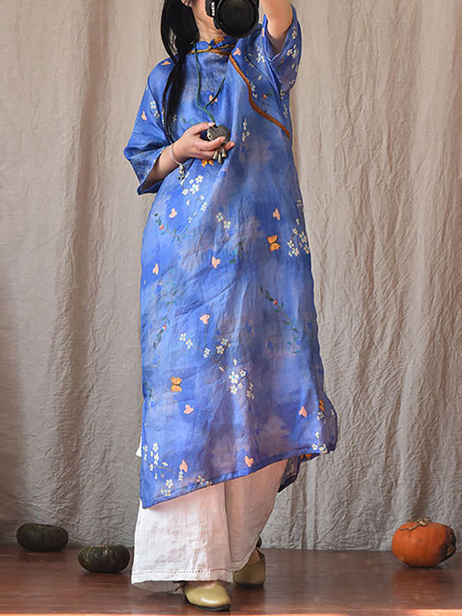 Women Vintage Summer Floral Ramie Robe Dress CO1022 Ada Fashion