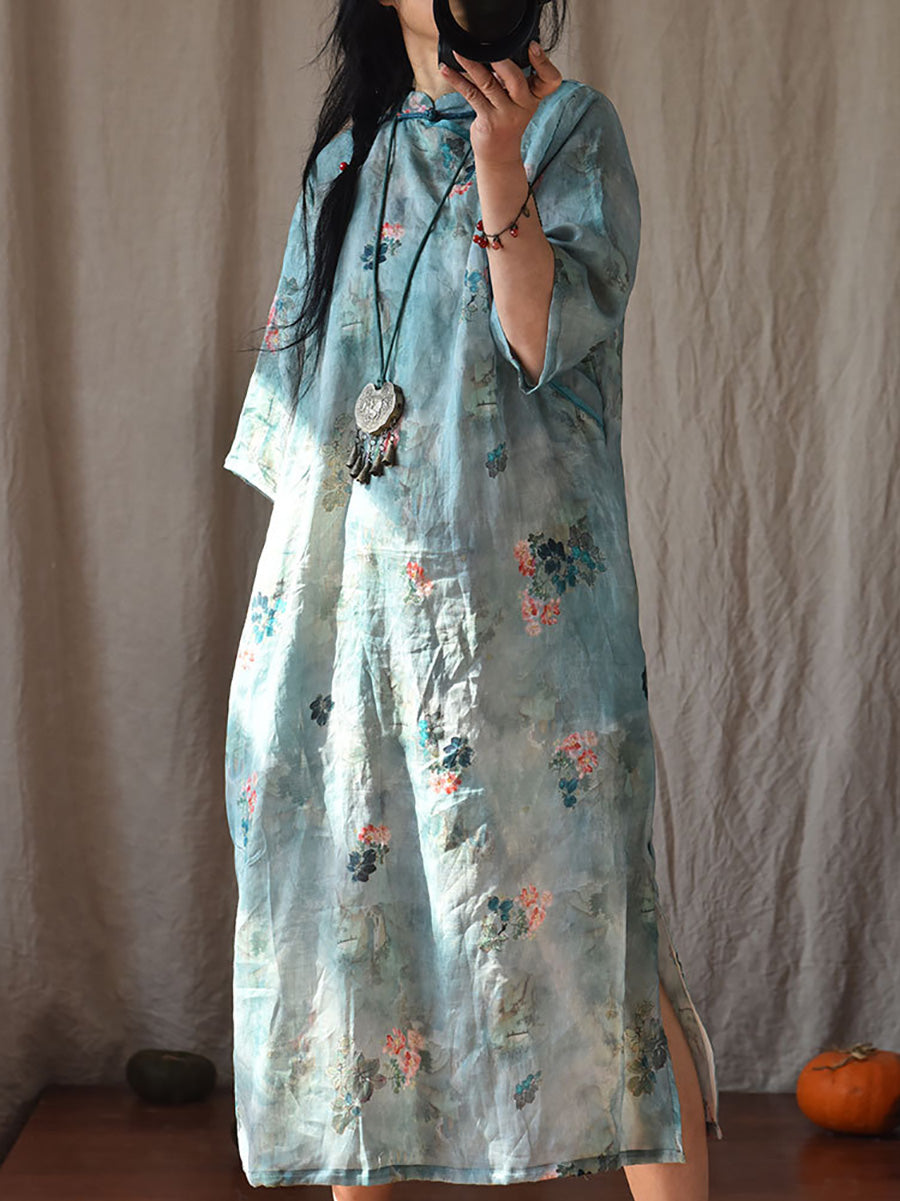 Women Vintage Summer Floral Ramie Robe Dress CO1022 Ada Fashion