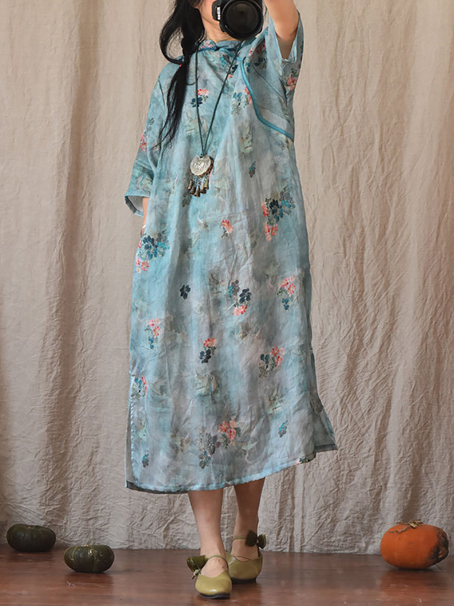 Women Vintage Summer Floral Ramie Robe Dress CO1022 Ada Fashion