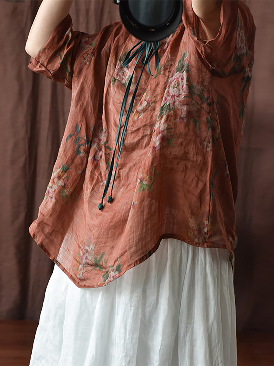 Women Vintage Floral Spring Strap Linen Blouse HH056 BUYKUD