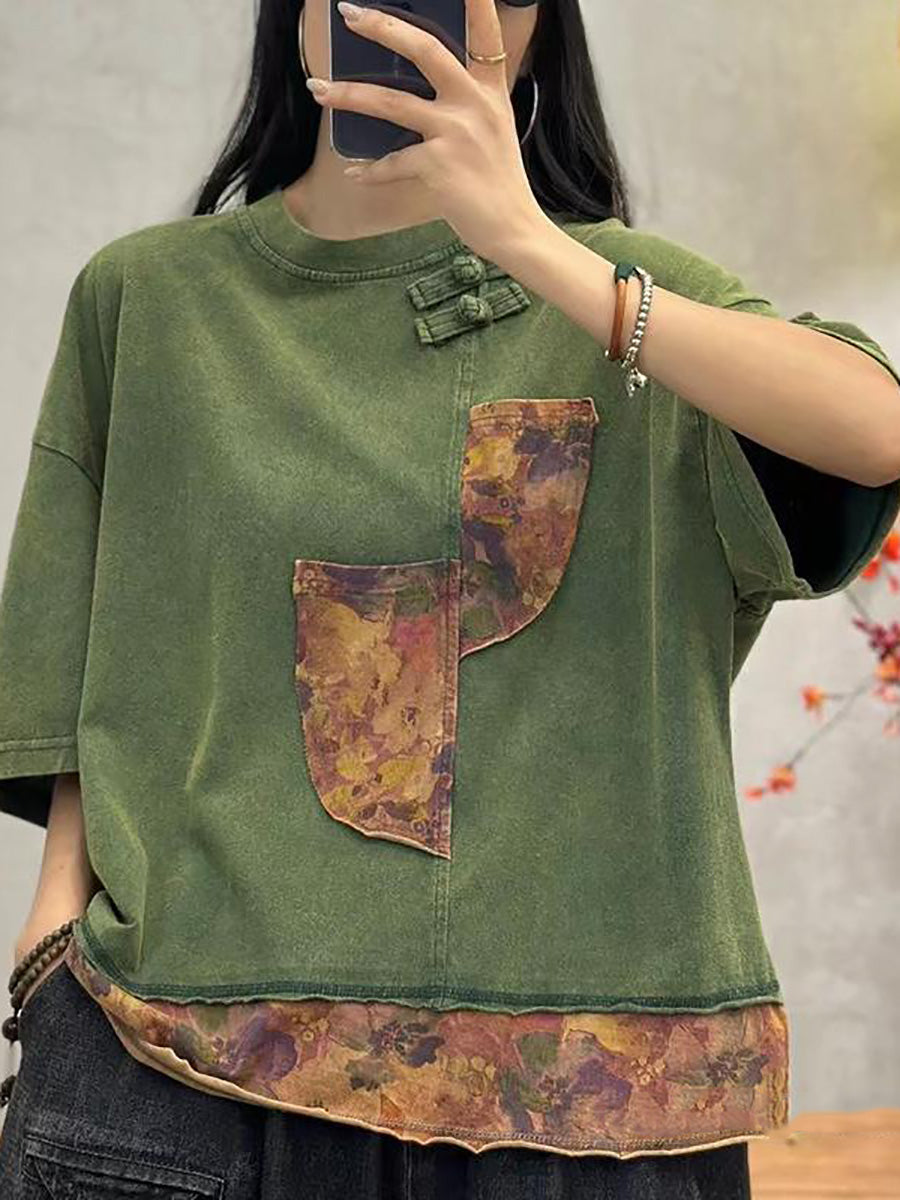 Women Summer Spliced Retro Cotton Shirt PA1017 Ada Fashion