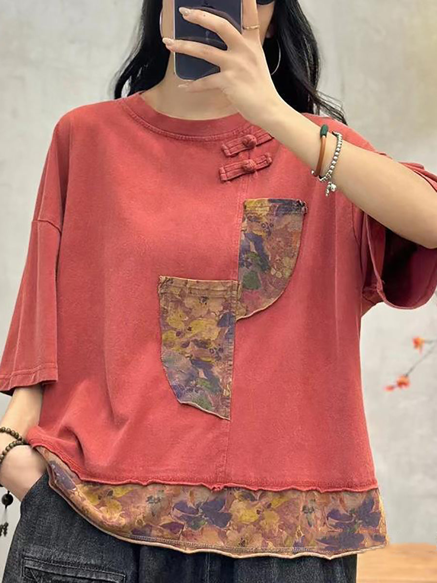 Women Summer Spliced Retro Cotton Shirt PA1017 Ada Fashion