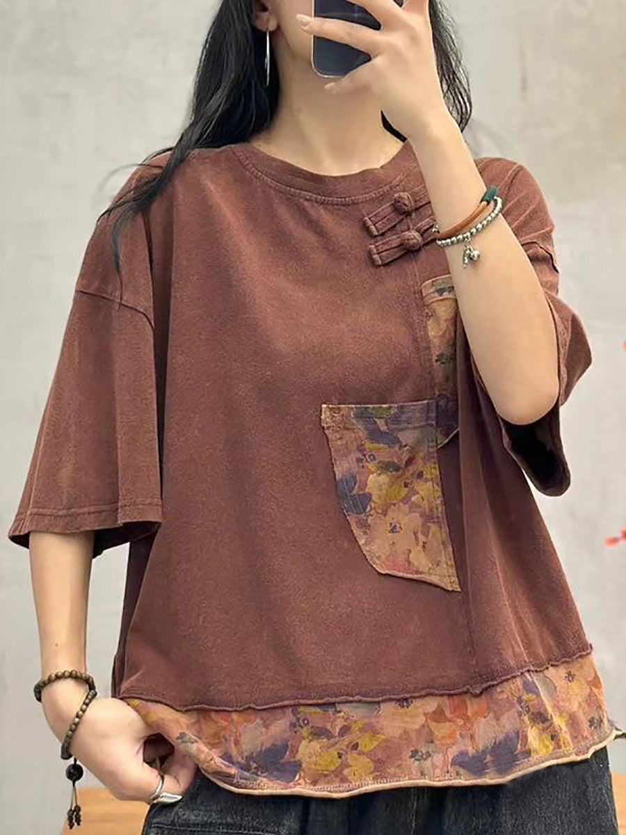 Women Summer Spliced Retro Cotton Shirt PA1017 Ada Fashion