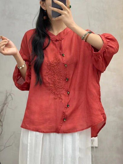 Women Vintage Embroidery Button Up Blouse PA1022 Ada Fashion