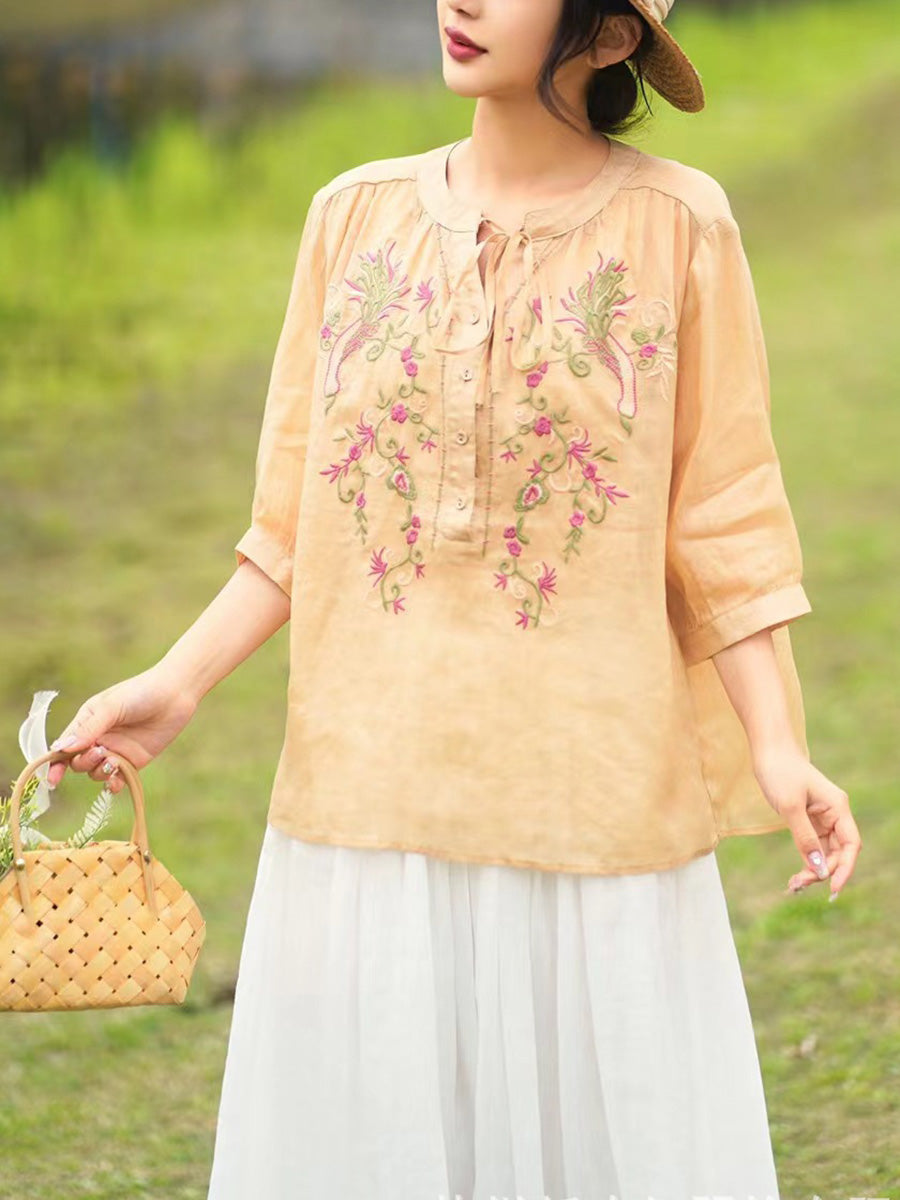 Women Summer Artsy Floral Embroidery Ramie Shirt PA1002 Ada Fashion