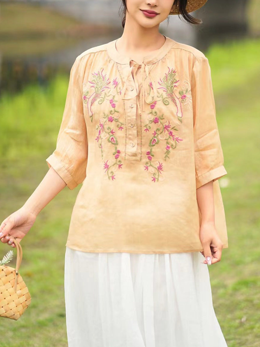 Women Summer Artsy Floral Embroidery Ramie Shirt PA1002 Ada Fashion