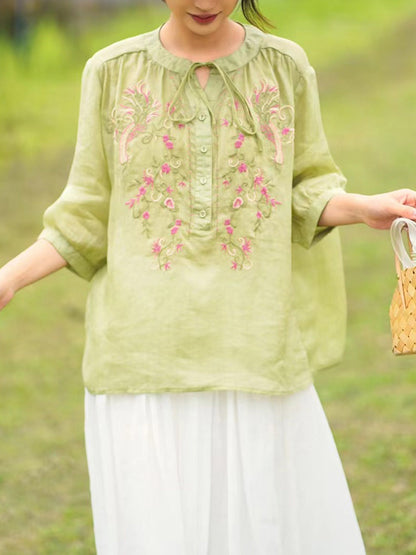 Women Summer Artsy Floral Embroidery Ramie Shirt PA1002 Ada Fashion