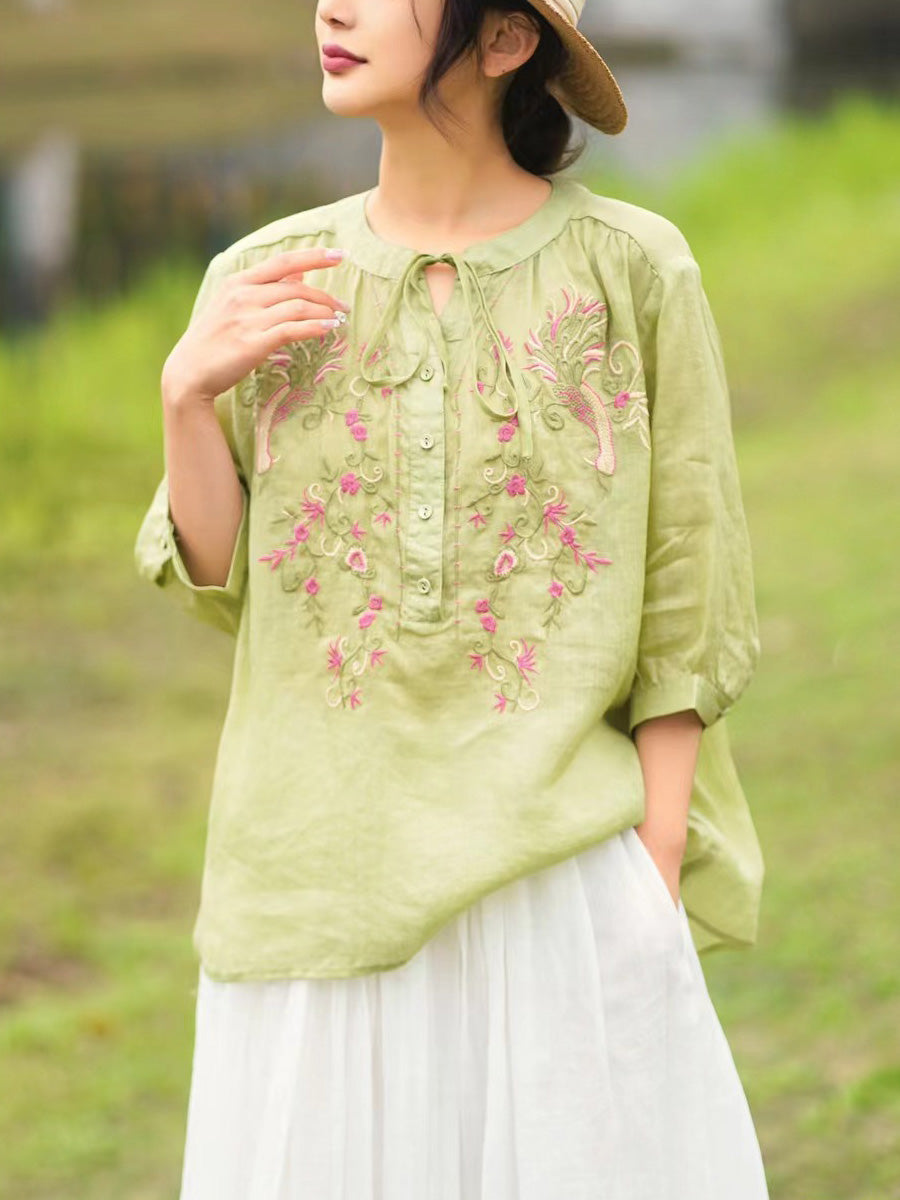 Women Summer Artsy Floral Embroidery Ramie Shirt PA1002 Ada Fashion