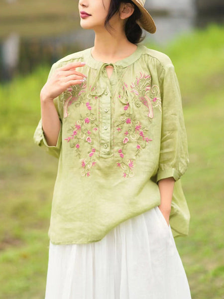 Women Summer Artsy Floral Embroidery Ramie Shirt PA1002 Ada Fashion