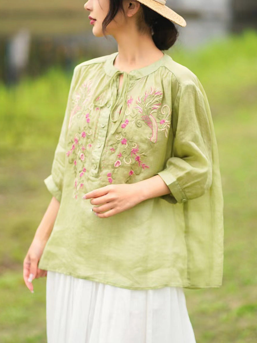 Women Summer Artsy Floral Embroidery Ramie Shirt PA1002 Ada Fashion