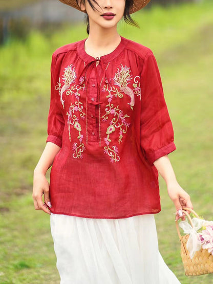 Women Summer Artsy Floral Embroidery Ramie Shirt PA1002 Ada Fashion