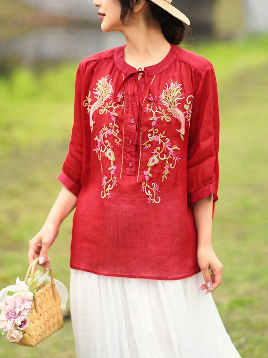 Women Summer Artsy Floral Embroidery Ramie Shirt PA1002 Ada Fashion