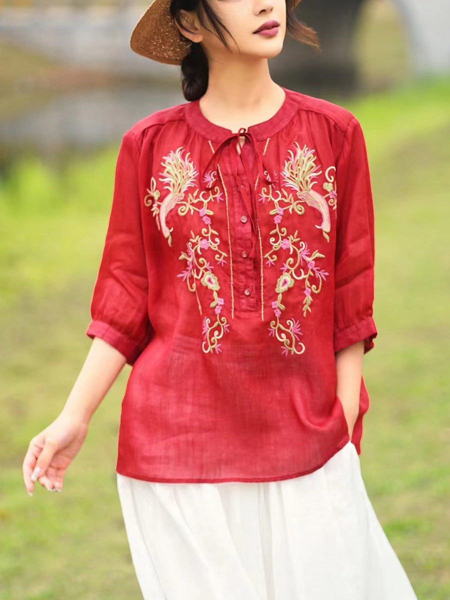 Women Summer Artsy Floral Embroidery Ramie Shirt PA1002 Ada Fashion