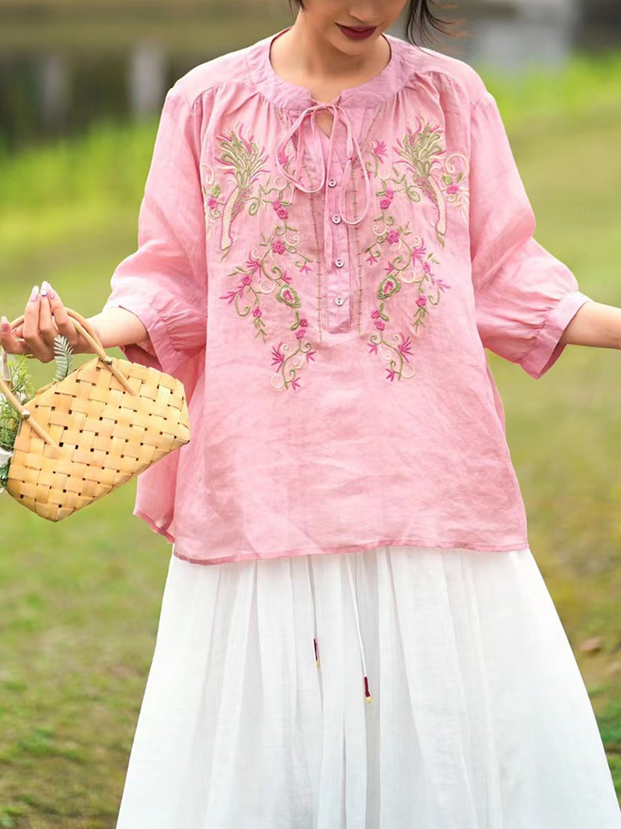 Women Summer Artsy Floral Embroidery Ramie Shirt PA1002 Ada Fashion