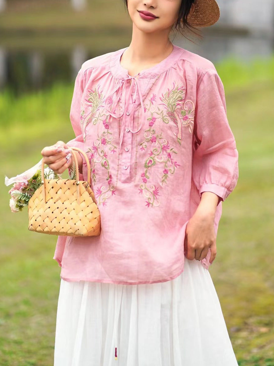 Women Summer Artsy Floral Embroidery Ramie Shirt PA1002 Ada Fashion