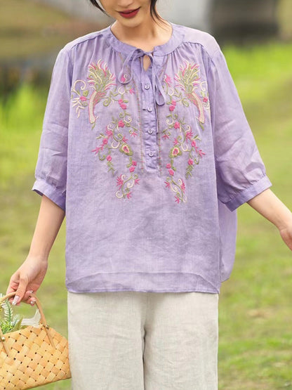 Women Summer Artsy Floral Embroidery Ramie Shirt PA1002 Ada Fashion