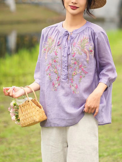 Women Summer Artsy Floral Embroidery Ramie Shirt PA1002 Ada Fashion