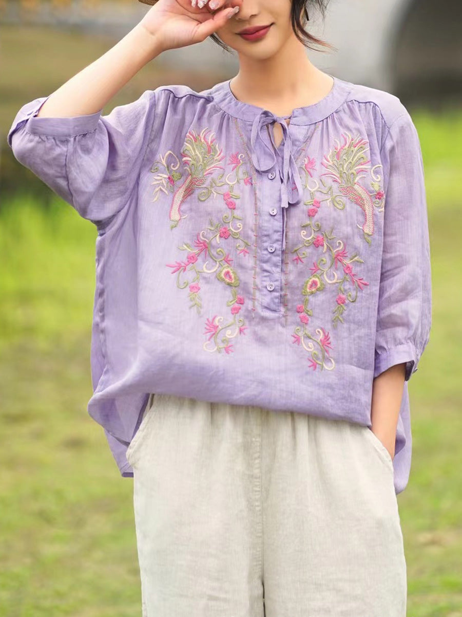 Women Summer Artsy Floral Embroidery Ramie Shirt PA1002 Ada Fashion