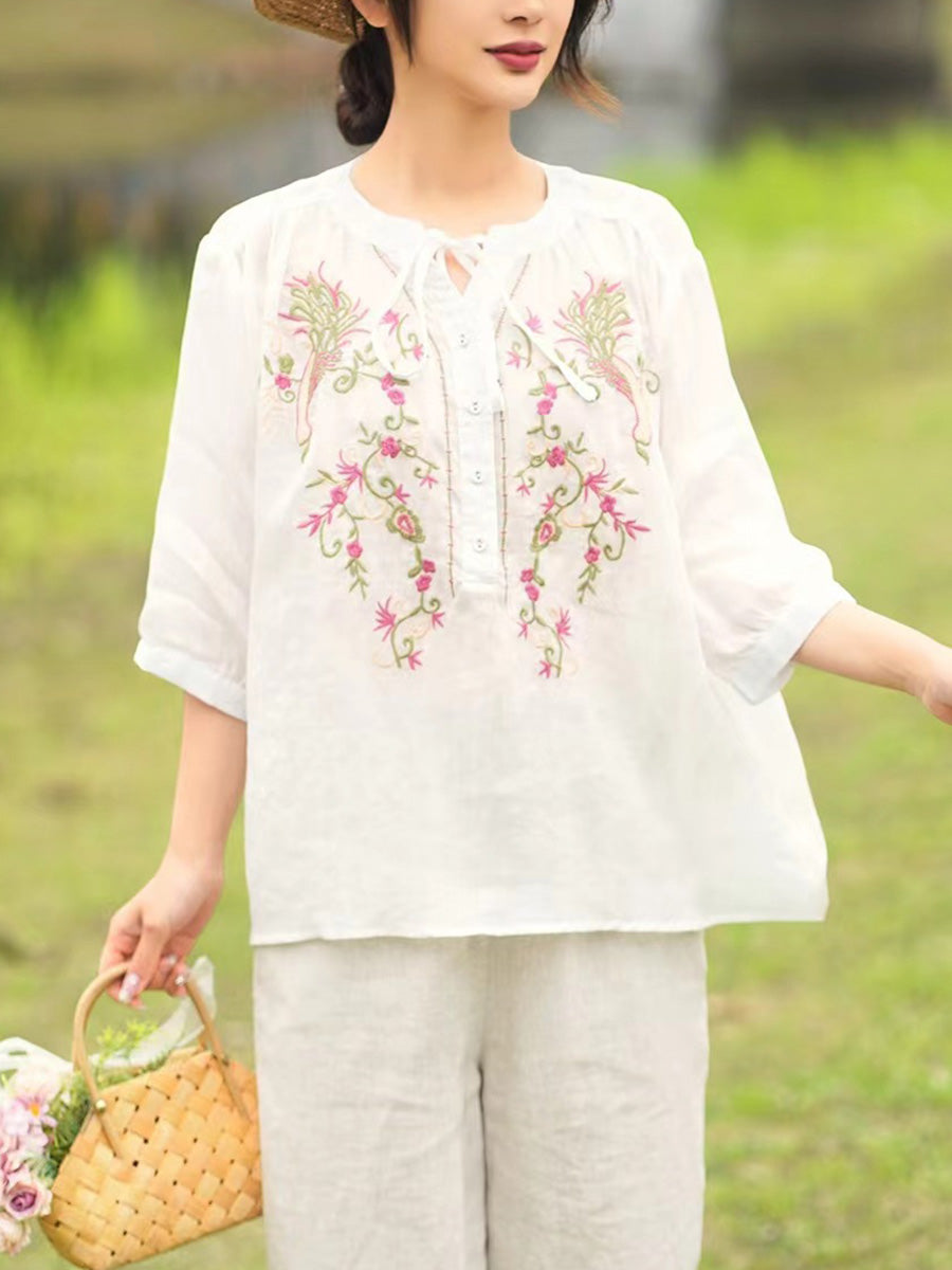 Women Summer Artsy Floral Embroidery Ramie Shirt PA1002 Ada Fashion