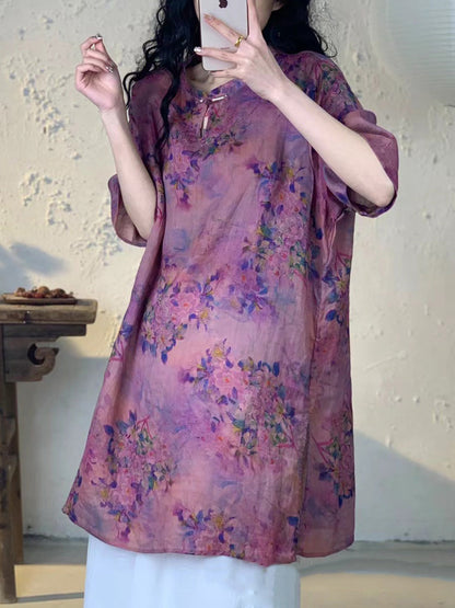 Women Summer Vintage Flower Long Ramie Shirt PA1013 Ada Fashion