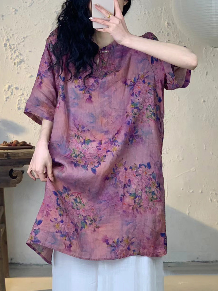 Women Summer Vintage Flower Long Ramie Shirt PA1013 Ada Fashion