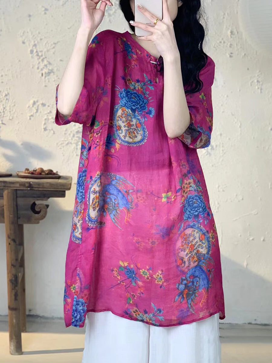 Women Summer Vintage Flower Long Ramie Shirt PA1013 Ada Fashion