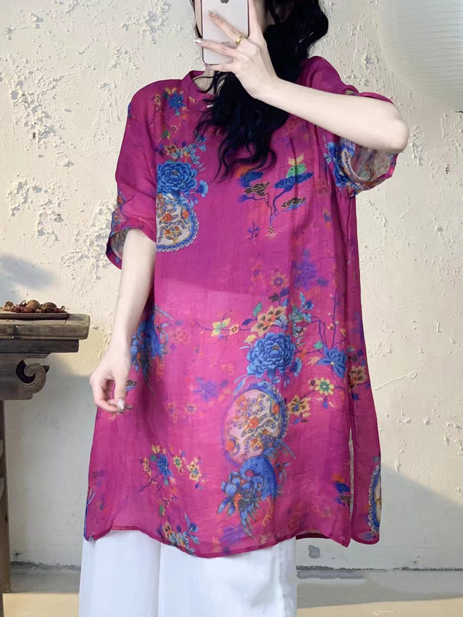 Women Summer Vintage Flower Long Ramie Shirt PA1013 Ada Fashion