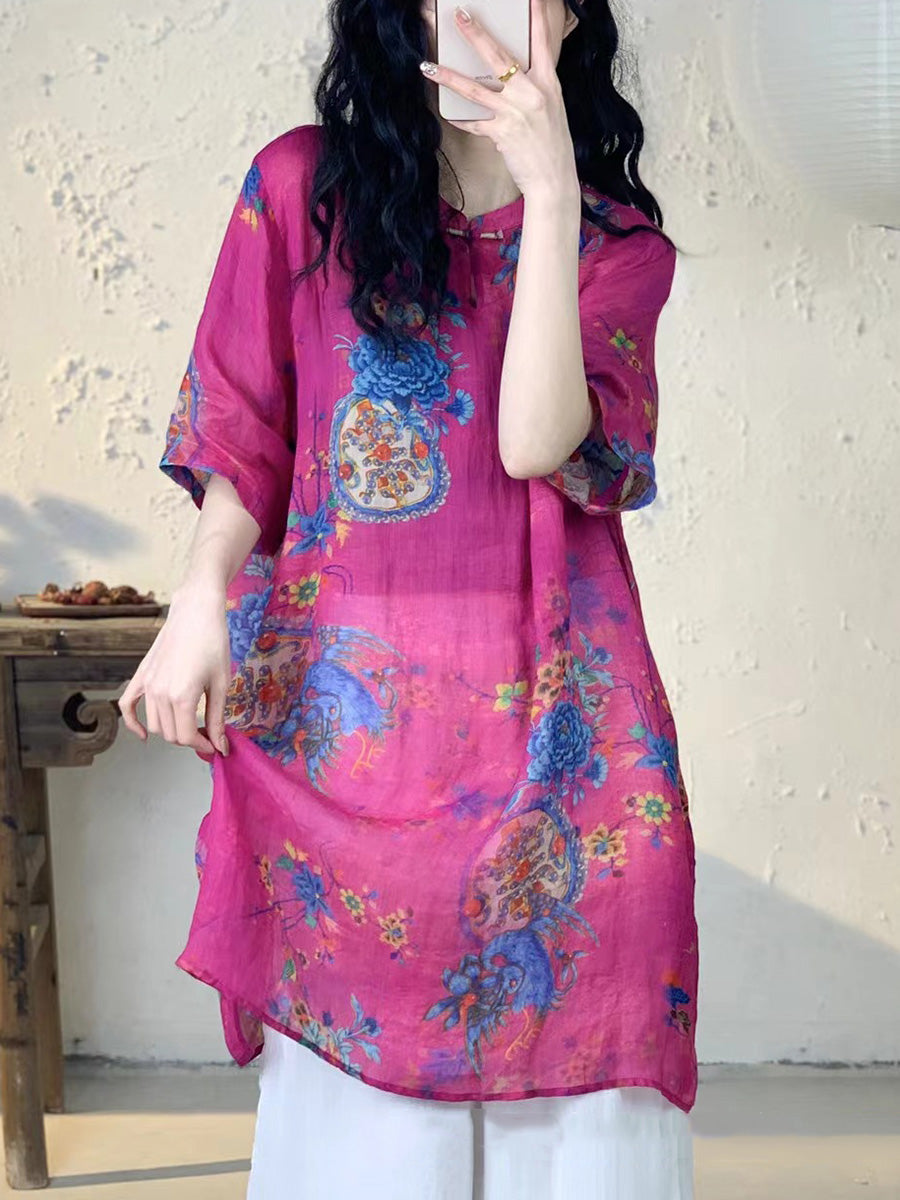 Women Summer Vintage Flower Long Ramie Shirt PA1013 Ada Fashion