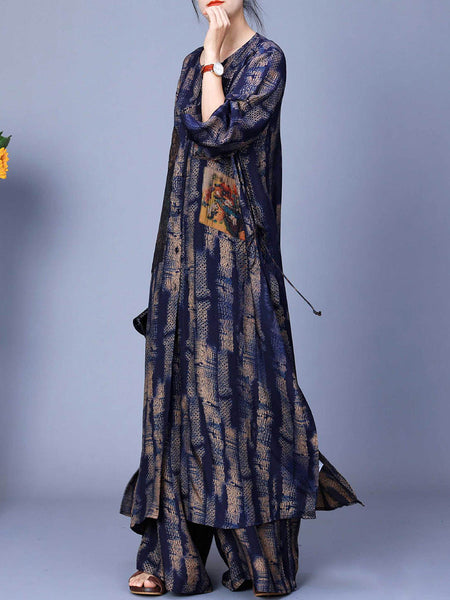 Women Spring Vintage Patch Spliced Long Shirt+Pants PA1023 Ada Fashion