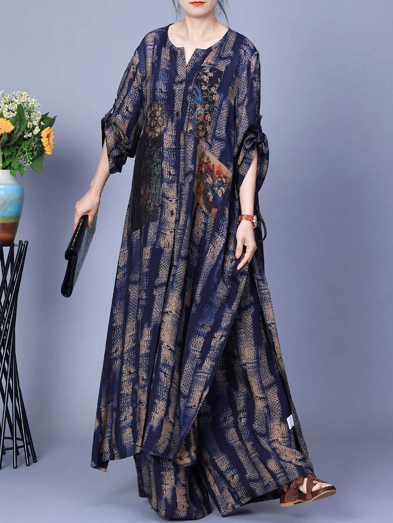 Women Spring Vintage Patch Spliced Long Shirt+Pants PA1023 Ada Fashion