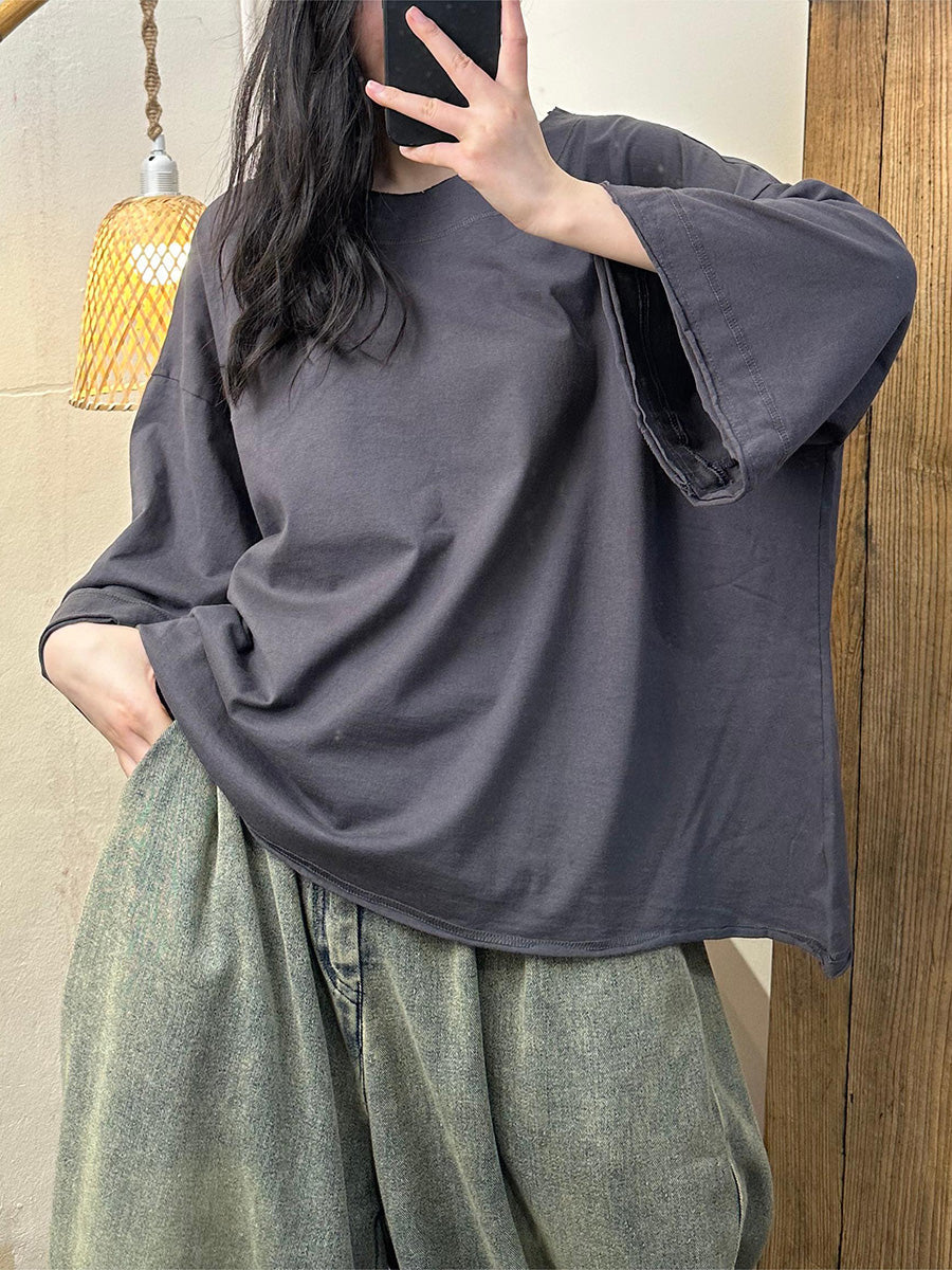 Women Casual Summer Solid Cotton O-Neck Shirt PA1006 Ada Fashion