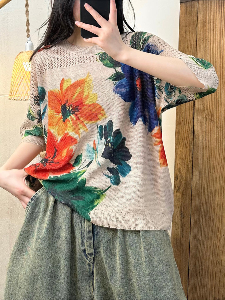 Women Summer Artsy Flower O-Neck Shirt PA1007 Ada Fashion