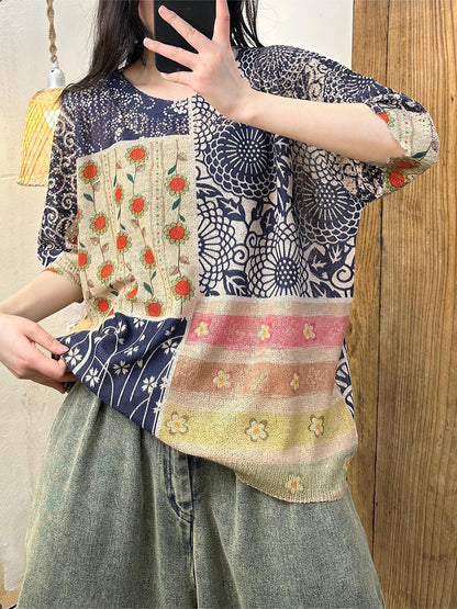 Women Summer Artsy Flower O-Neck Shirt PA1007 Ada Fashion