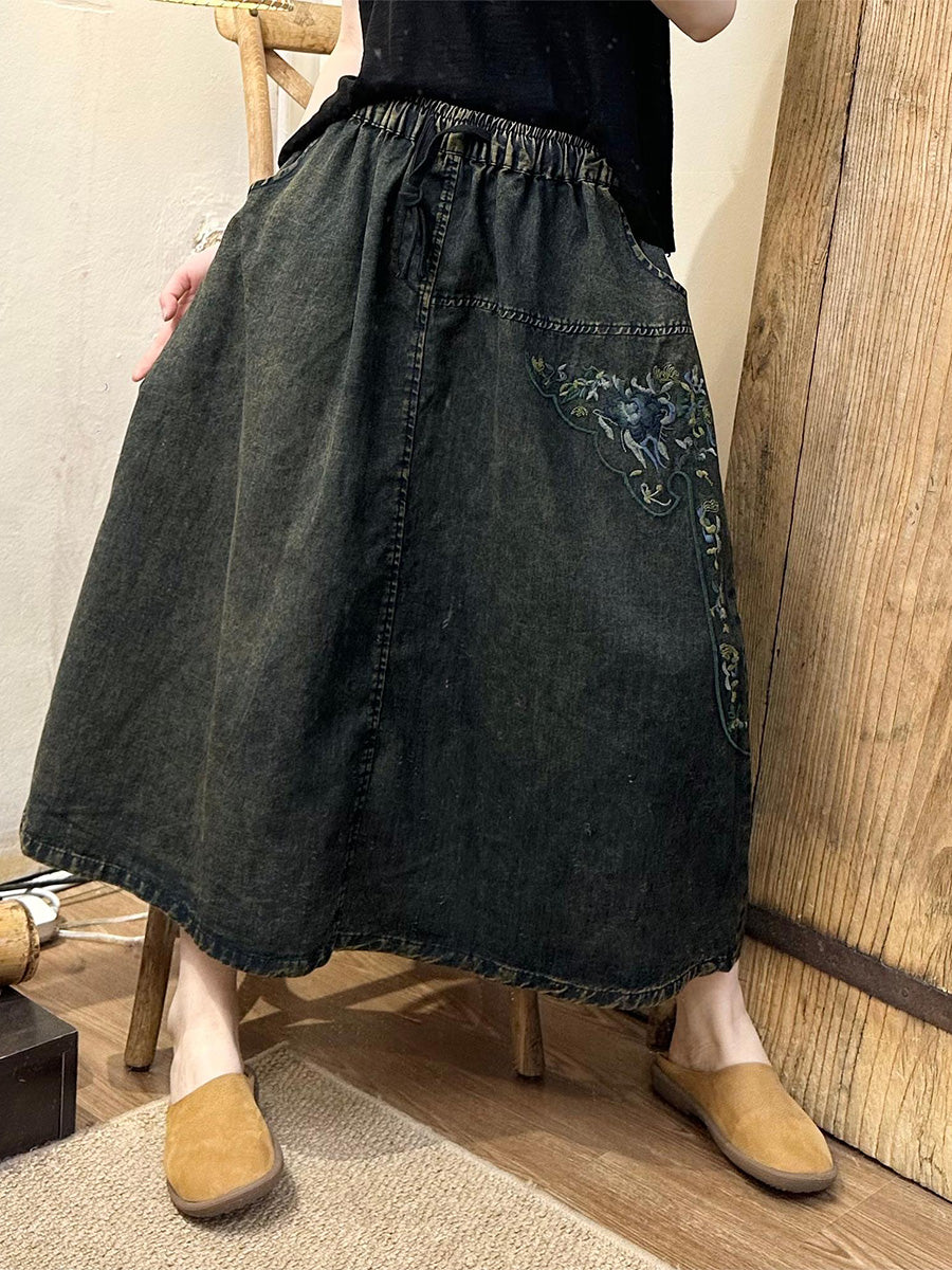 Women Summer Vintage Floral Embroidery Denim Skirt PA1008 Ada Fashion