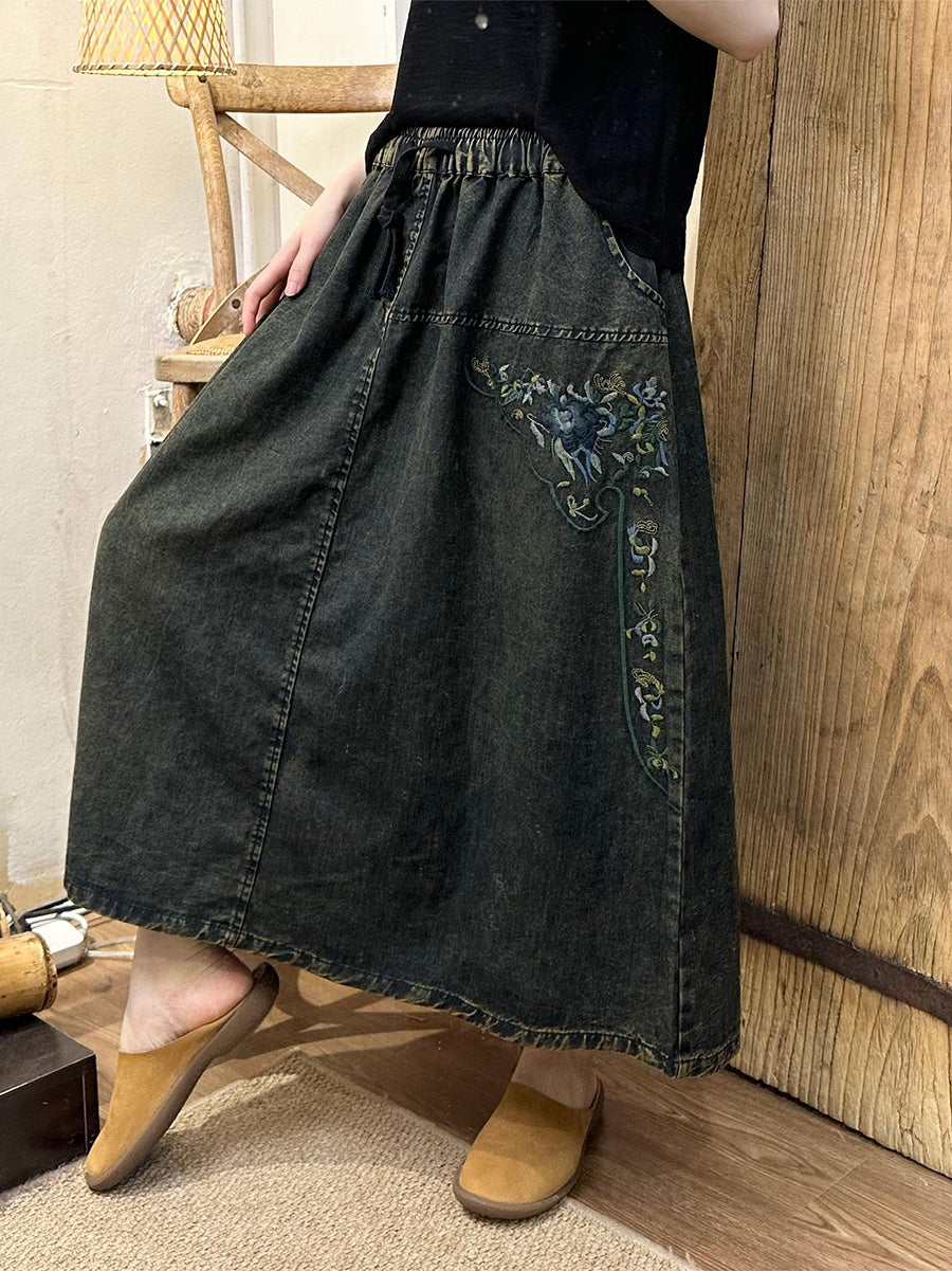 Women Summer Vintage Floral Embroidery Denim Skirt PA1008 Ada Fashion