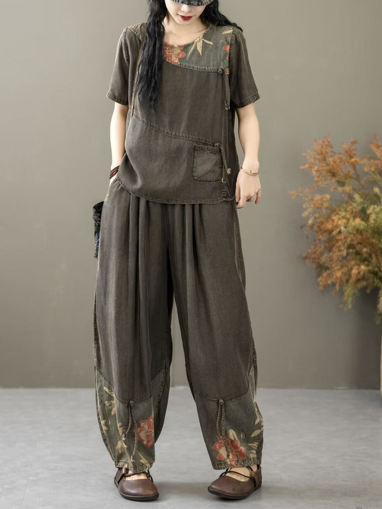 Women Summer Vintage Spliced Worn Shirt+Pants PA1021 Ada Fashion