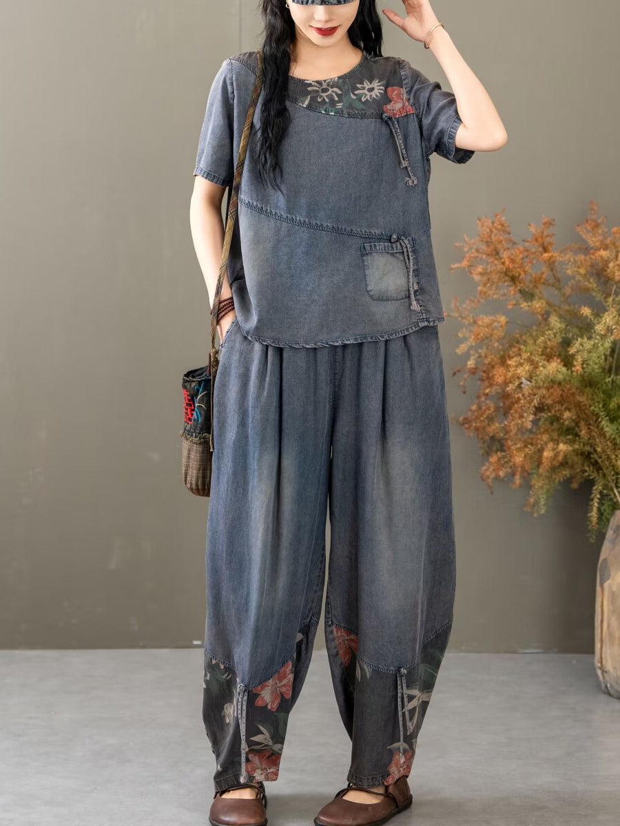 Women Summer Vintage Spliced Worn Shirt+Pants PA1021 Ada Fashion