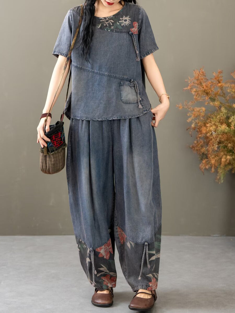 Women Summer Vintage Spliced Worn Shirt+Pants PA1021 Ada Fashion