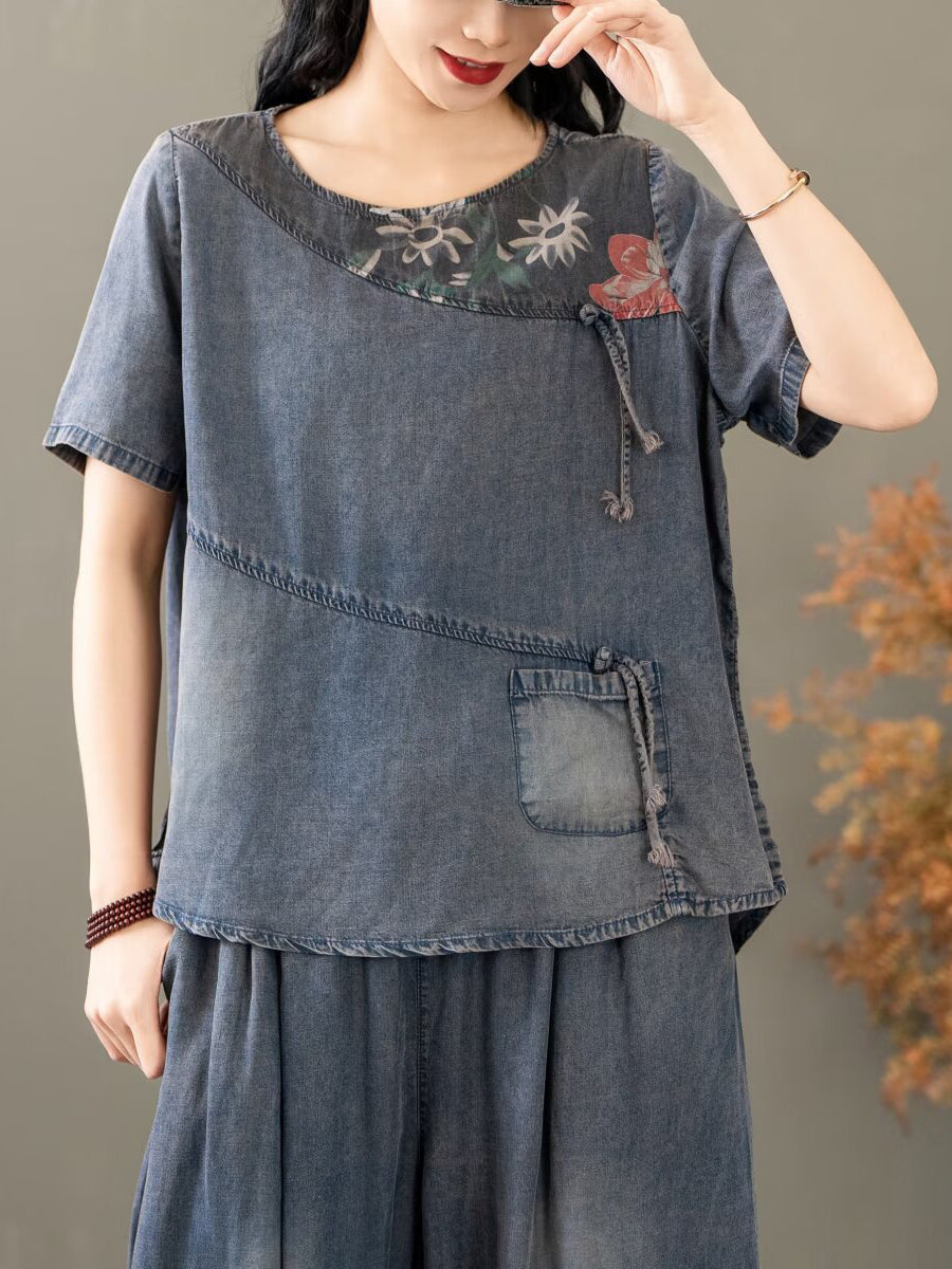 Women Summer Vintage Spliced Worn Shirt+Pants PA1021 Ada Fashion