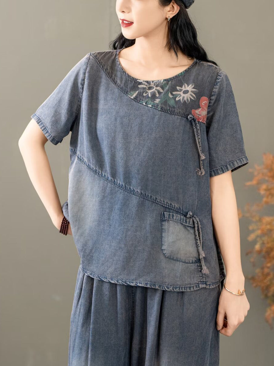 Women Summer Vintage Spliced Worn Shirt+Pants PA1021 Ada Fashion