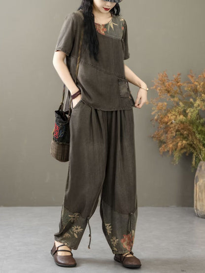 Women Summer Vintage Spliced Worn Shirt+Pants PA1021 Ada Fashion