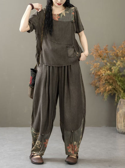 Women Summer Vintage Spliced Worn Shirt+Pants PA1021 Ada Fashion