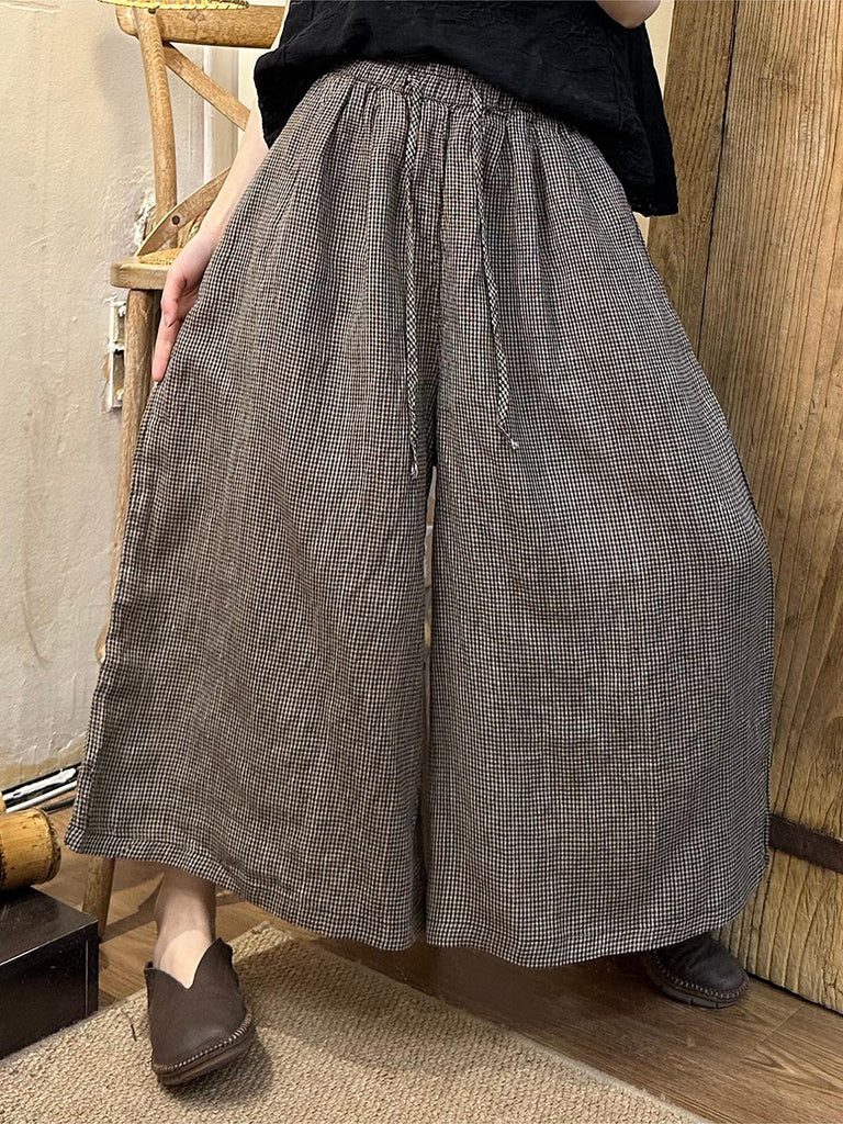 Plus Size Women Spring Plaid Wide-leg Cotton Linen Pants PA1024 Ada Fashion