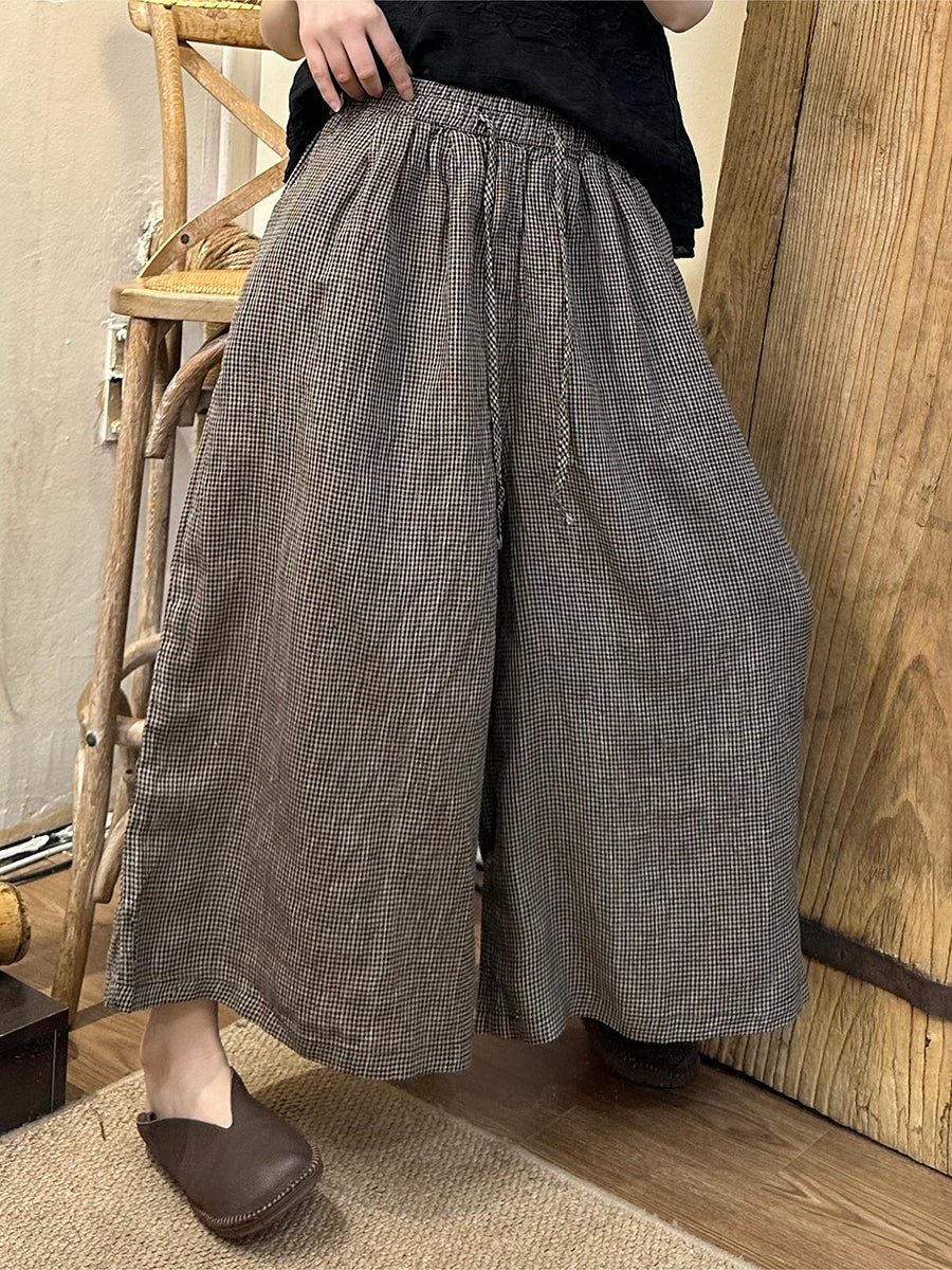 Plus Size Women Spring Plaid Wide-leg Cotton Linen Pants PA1024 Ada Fashion