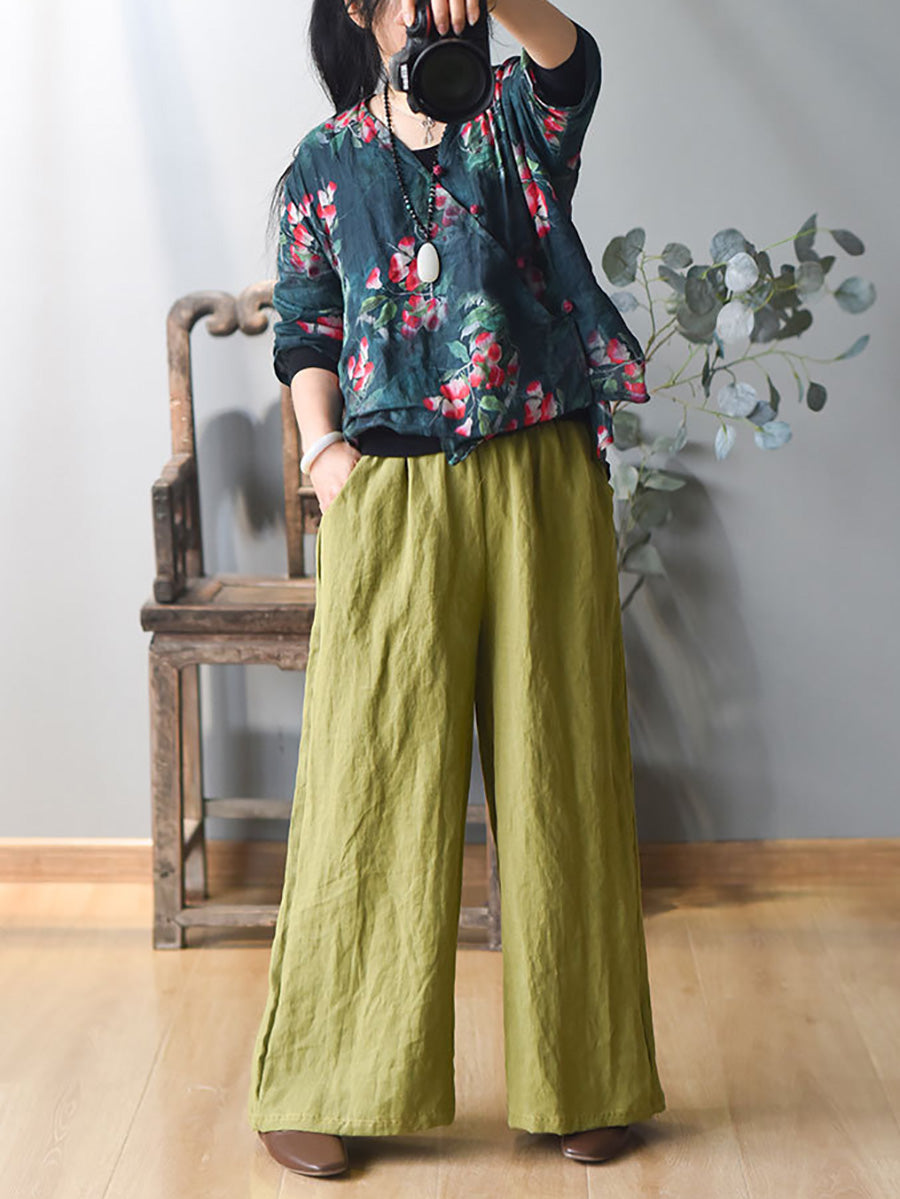 Women Spring Casual Solid Wide-leg Linen Pants KL1010 Ada Fashion