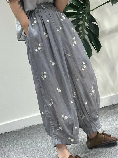 Women Artsy Summer Flower Embroidery Ramie Harem Pants KL1018 Ada Fashion