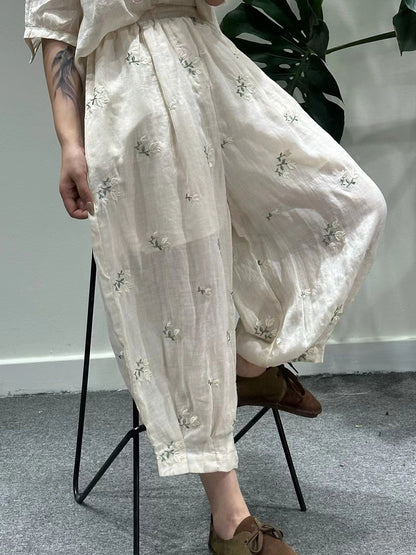 Women Artsy Summer Flower Embroidery Ramie Harem Pants KL1018 Ada Fashion