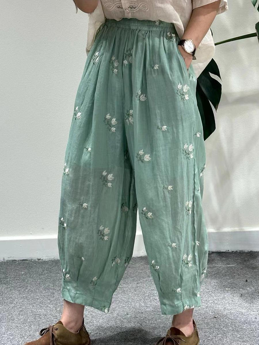 Women Artsy Summer Flower Embroidery Ramie Harem Pants KL1018 Ada Fashion